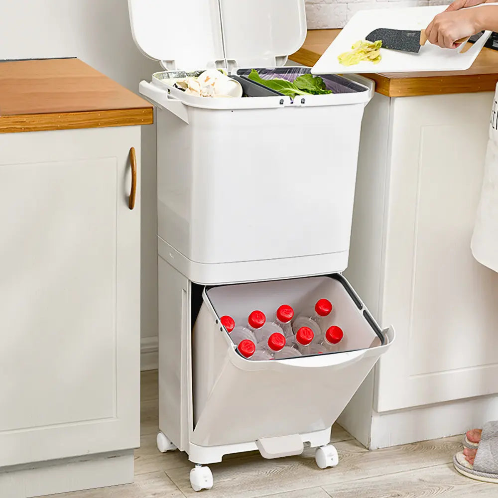 Close-up of Kofi 3 layer kitchen bin with labeled compartments