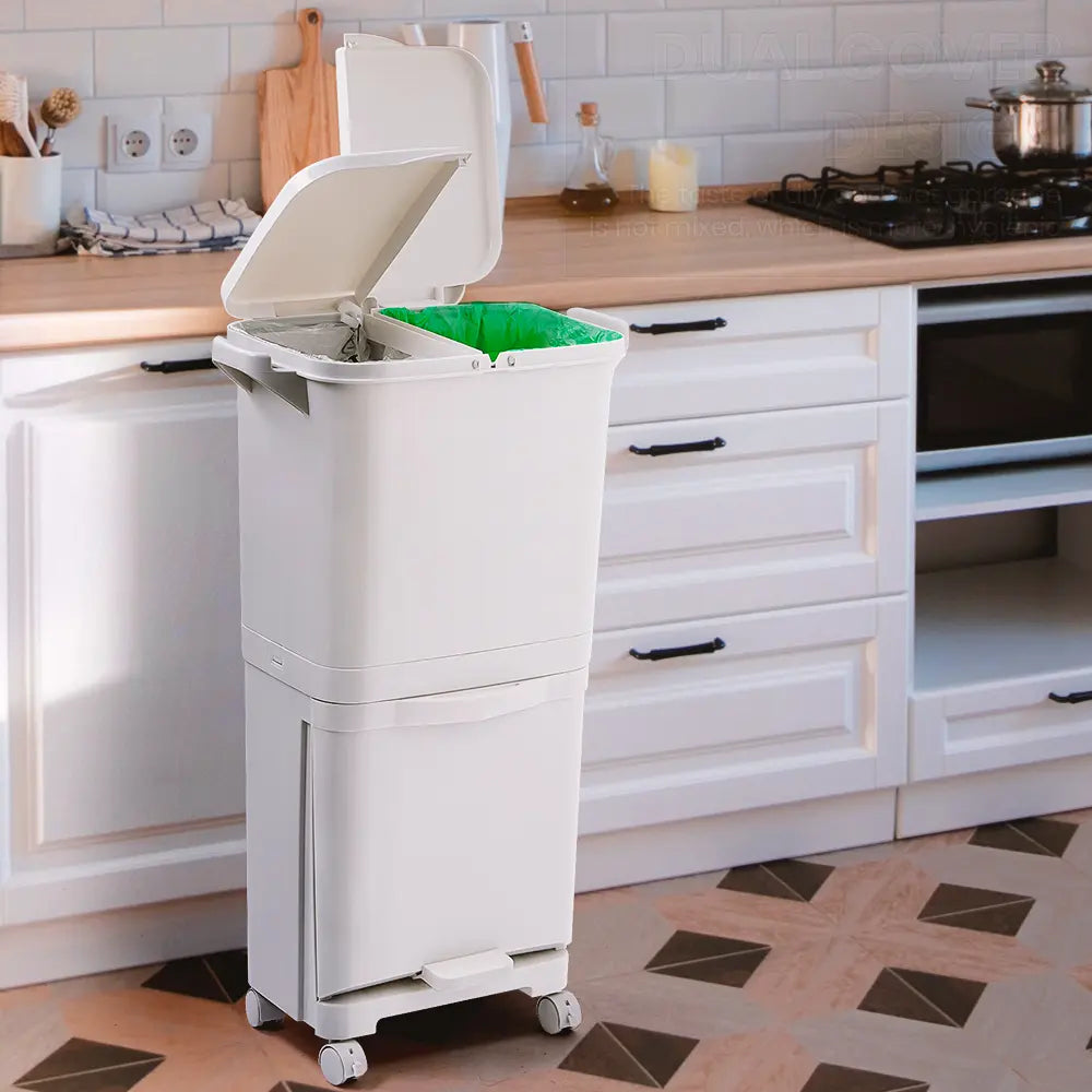 Kofi kitchen bin with top layer open for easy trash disposal