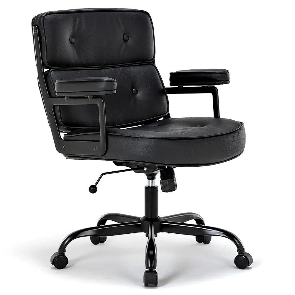 Black leatherette chair with high-back design