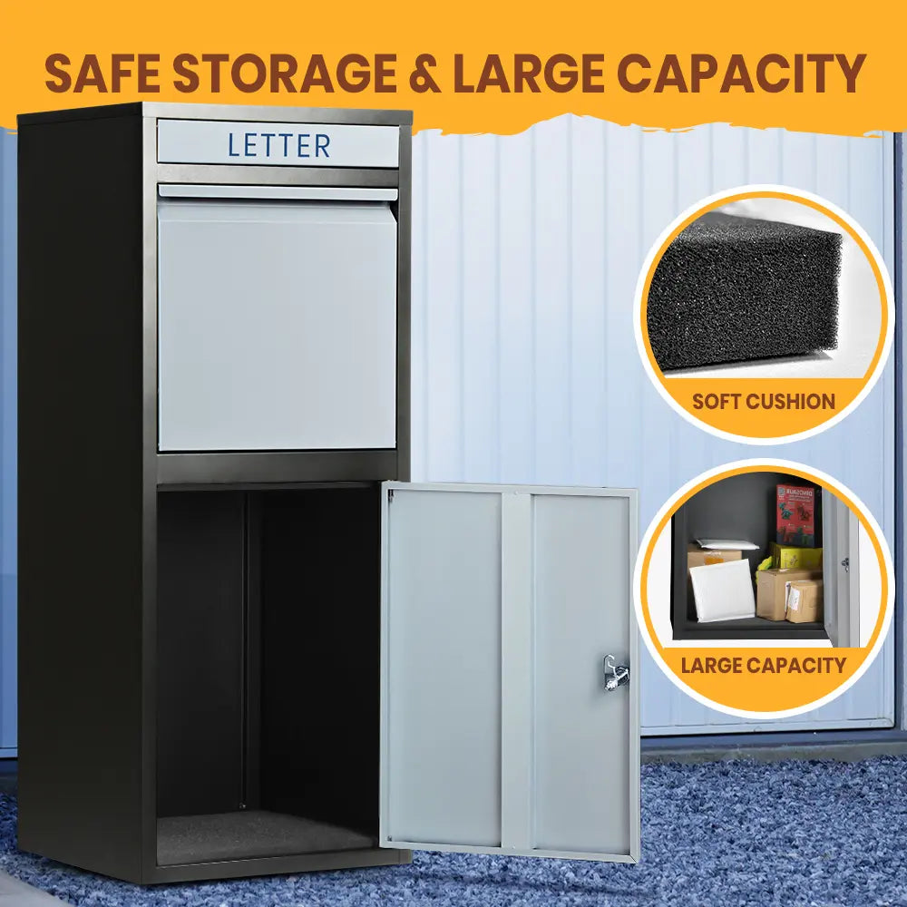 Front view of Erikslund parcel drop box with secure locking system
