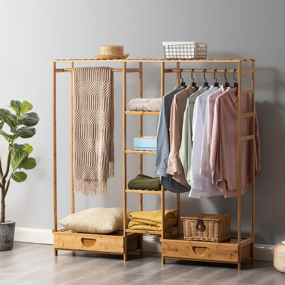 Tessa Wooden Garment Rack with neatly organized clothes and shoes