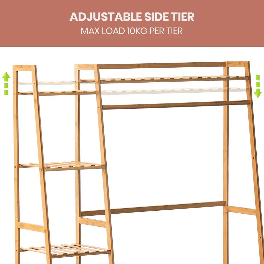 Billy wooden garment rack adding warmth to small bedroom space