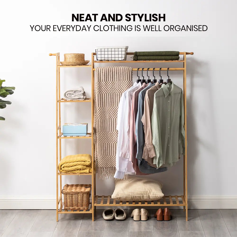 Close-up of sturdy wooden frame on Billy garment rack