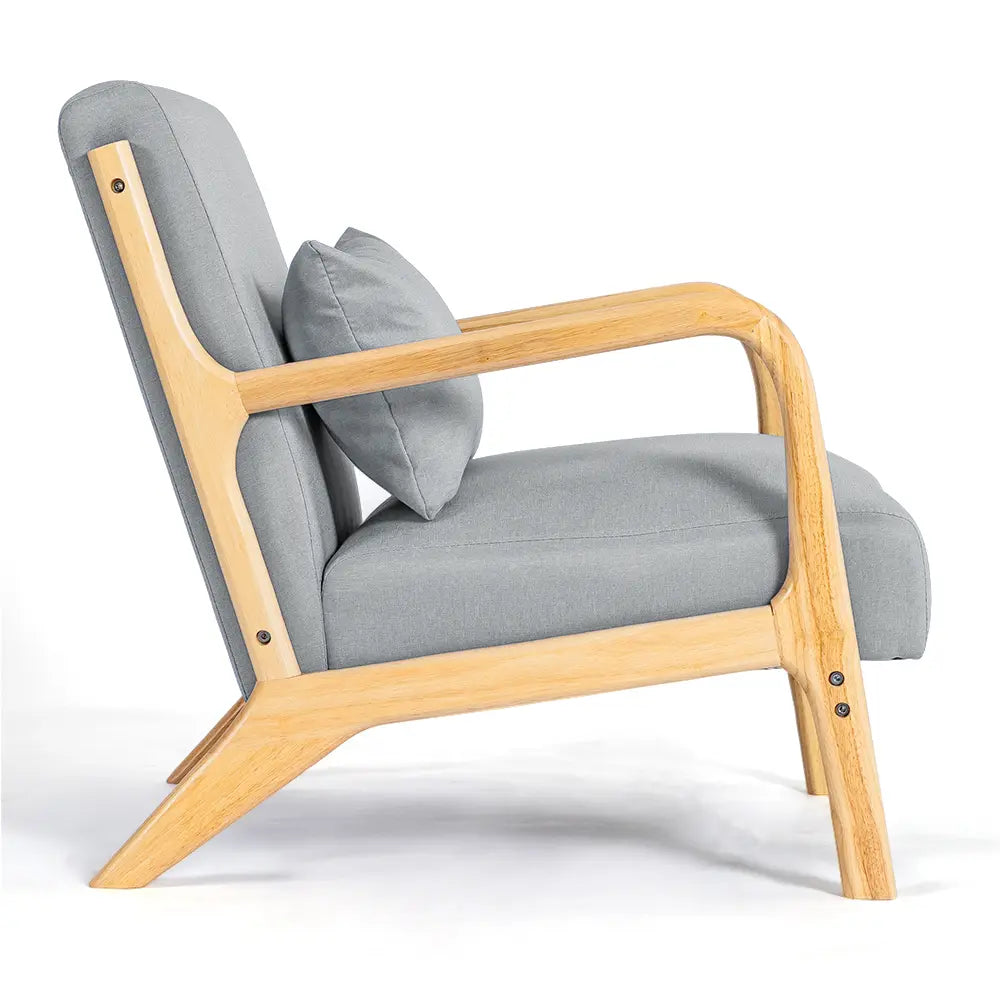 Side view of Cali armchair showing sturdy frame and soft upholstery