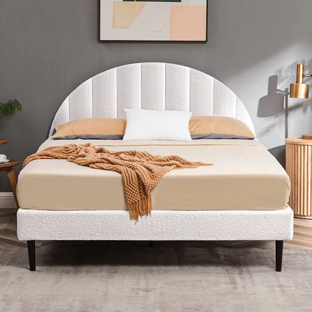 Willa Boucle Bed in a modern bedroom with soft boucle fabric upholstery