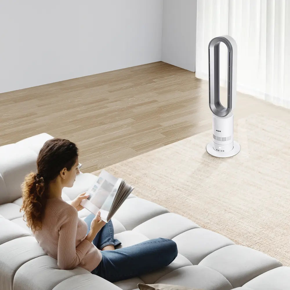 Full view of the Westerlies Bladeless Fan in a bright, minimalist bedroom