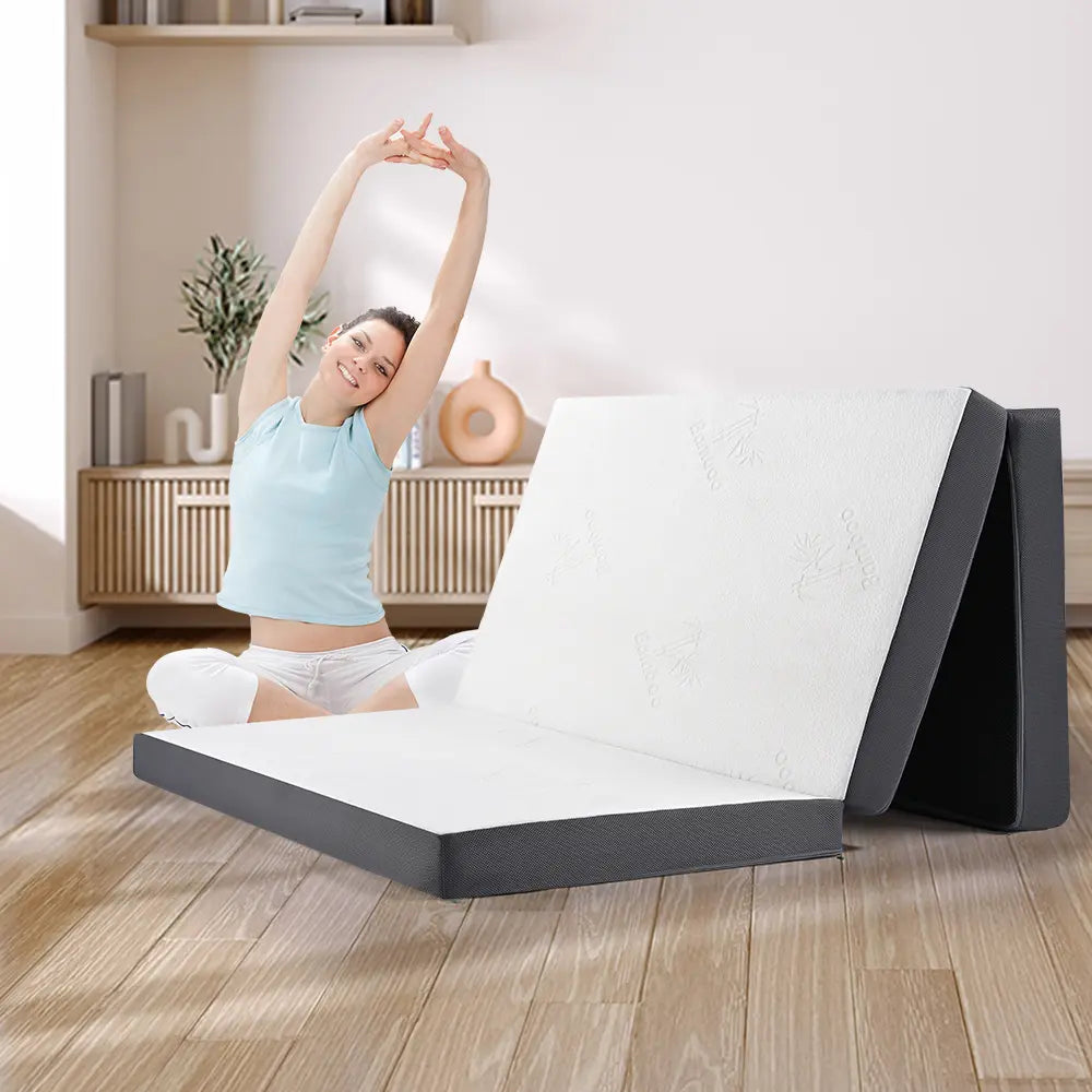 Joey foldable mattress folded up for easy storage