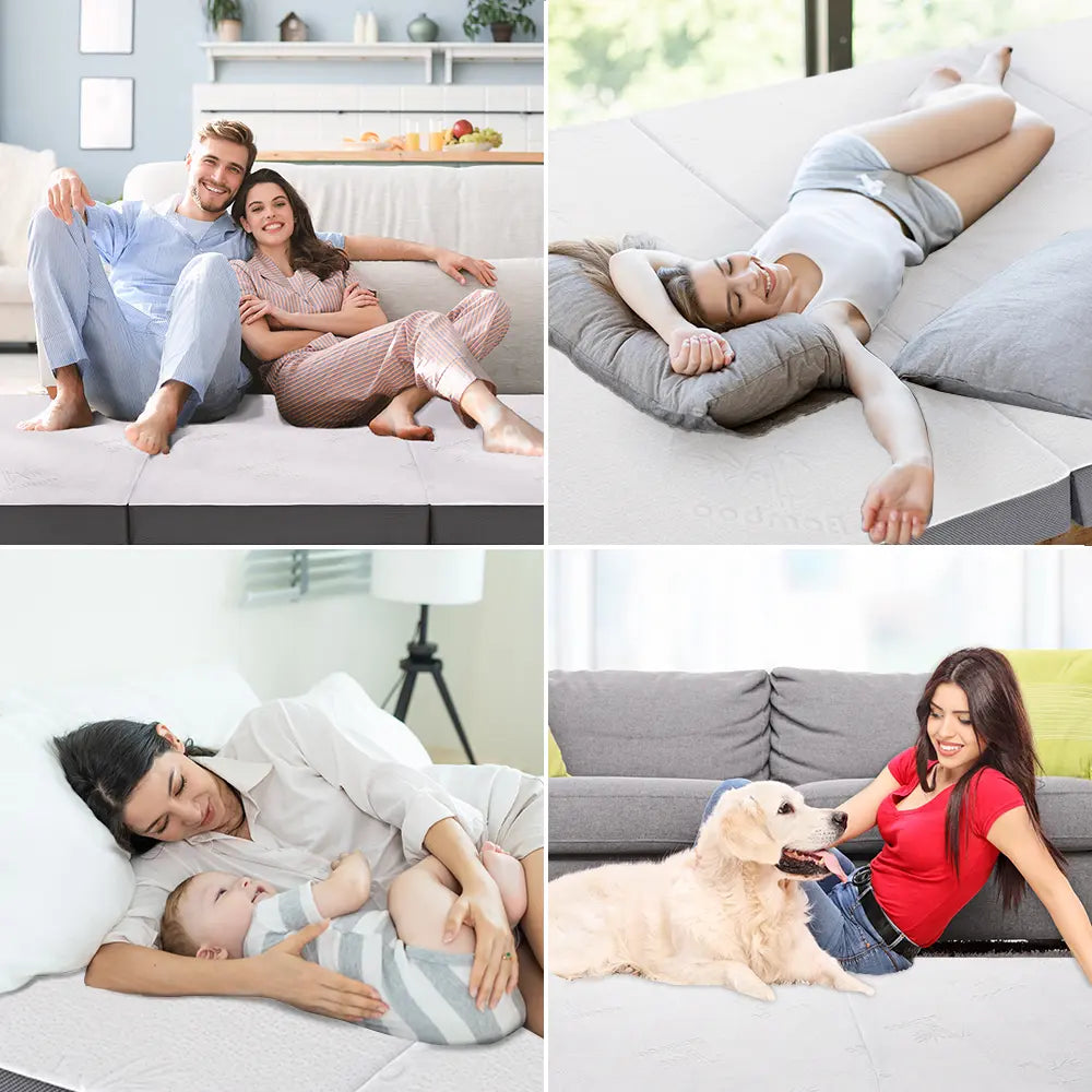Joey foldable foam mattress laid out in a modern bedroom