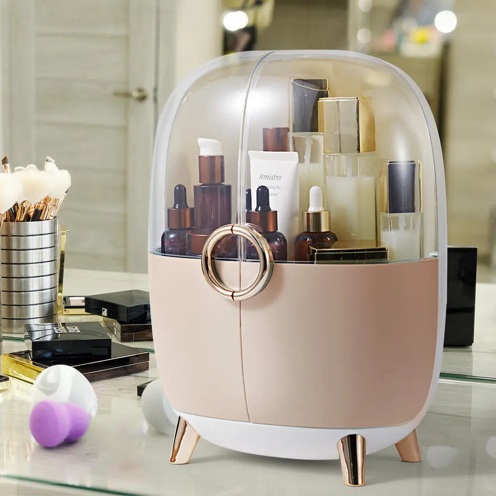 Side view of the Nina Cosmetic Organizer with skincare and makeup items