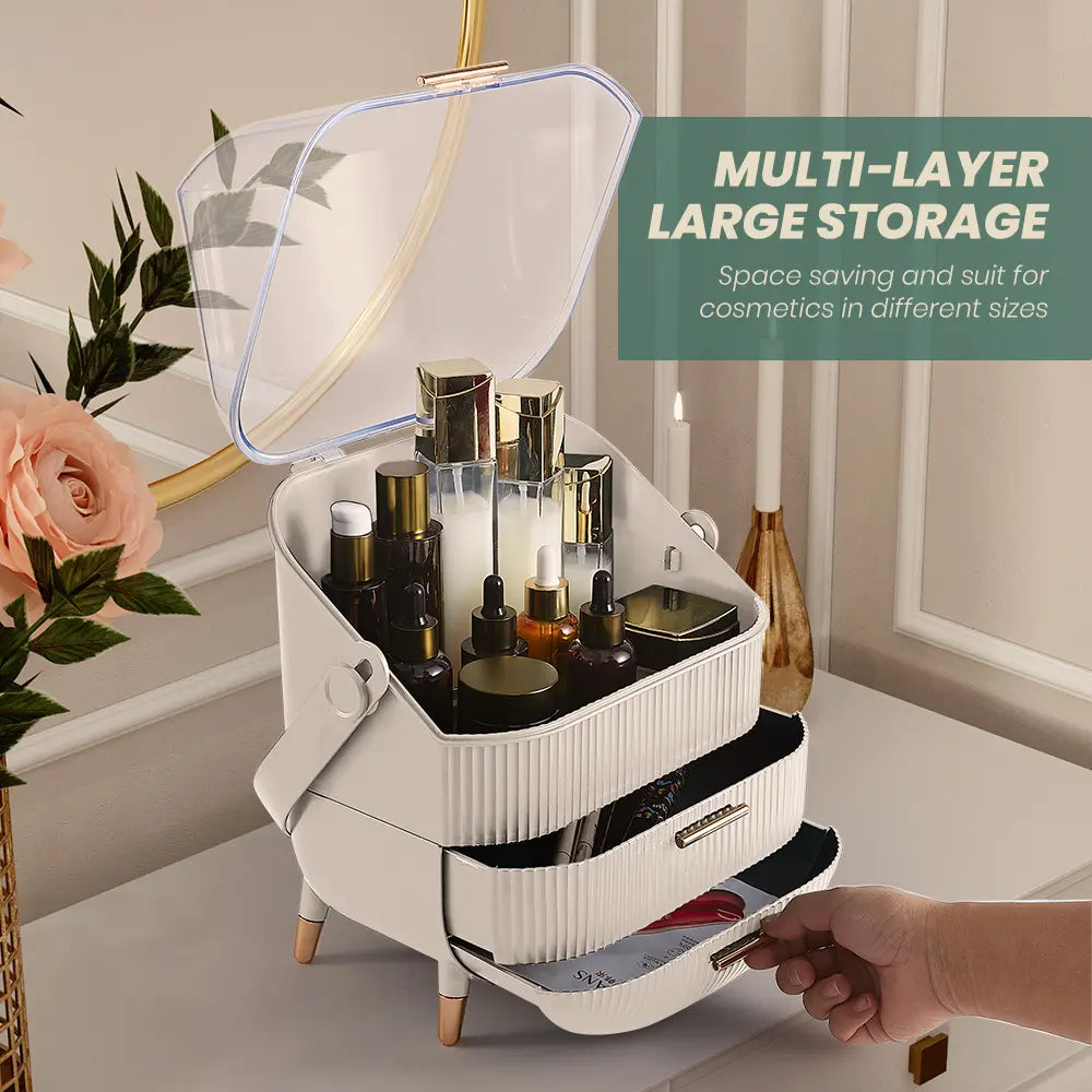 Close-up of the clear design on the Vernice Cosmetic Organizer filled with beauty products