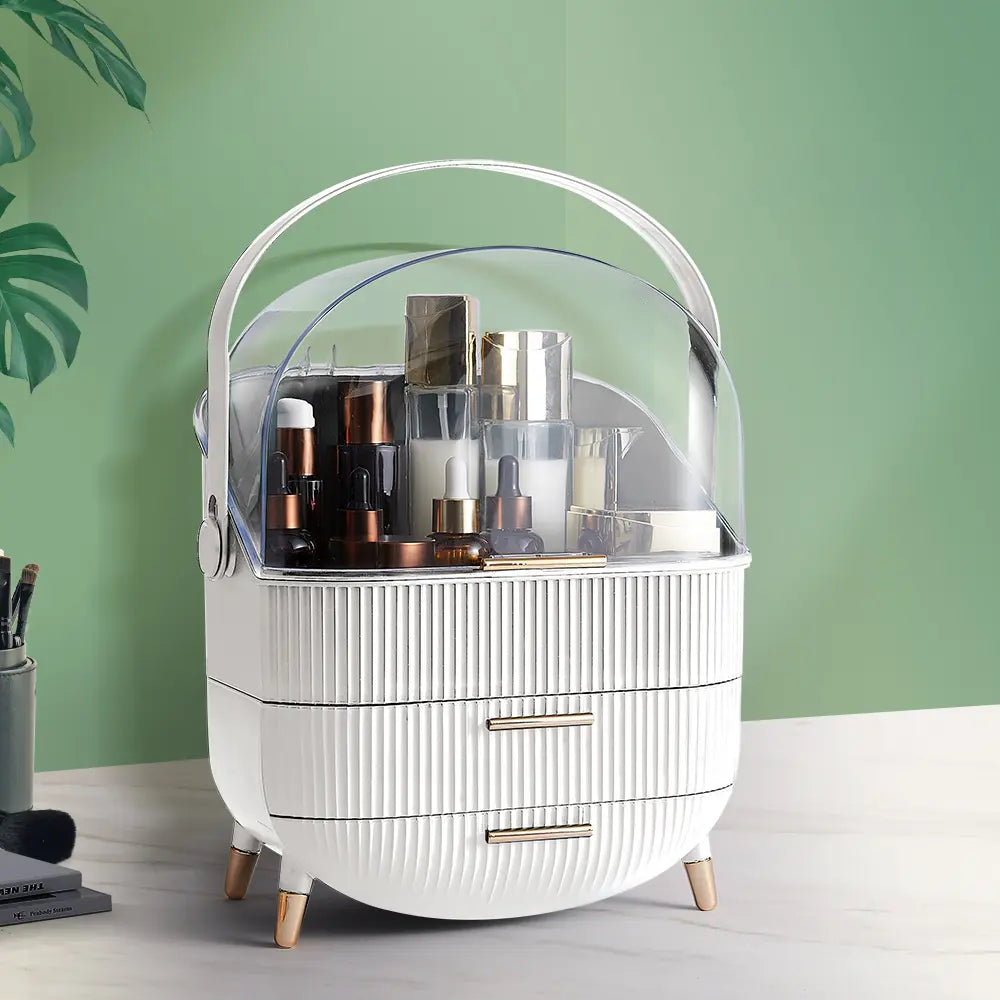 Vernice Cosmetic Organizer on a vanity table with makeup neatly arranged
