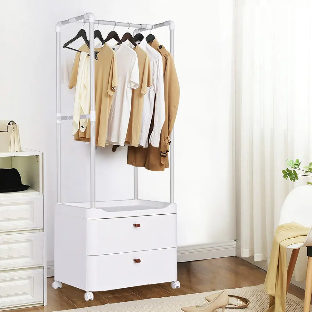 Side view of the Petervon Clothing Rack showing hanging clothes and drawer