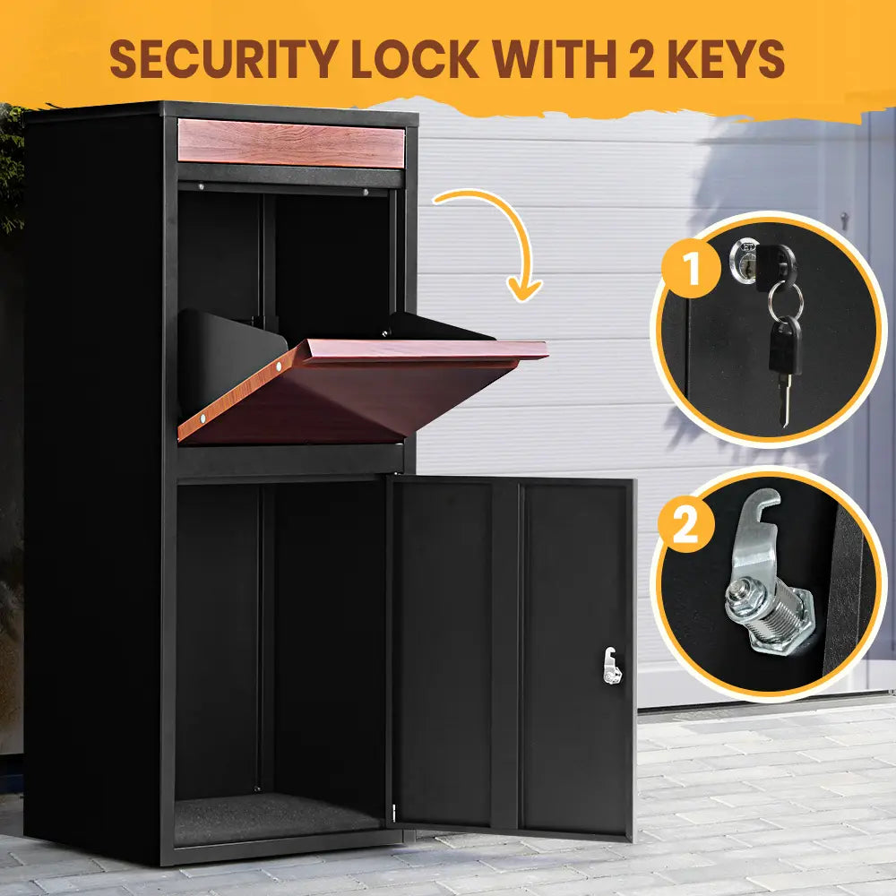 Front view of Erikslund drop box with wood grain finish and lock