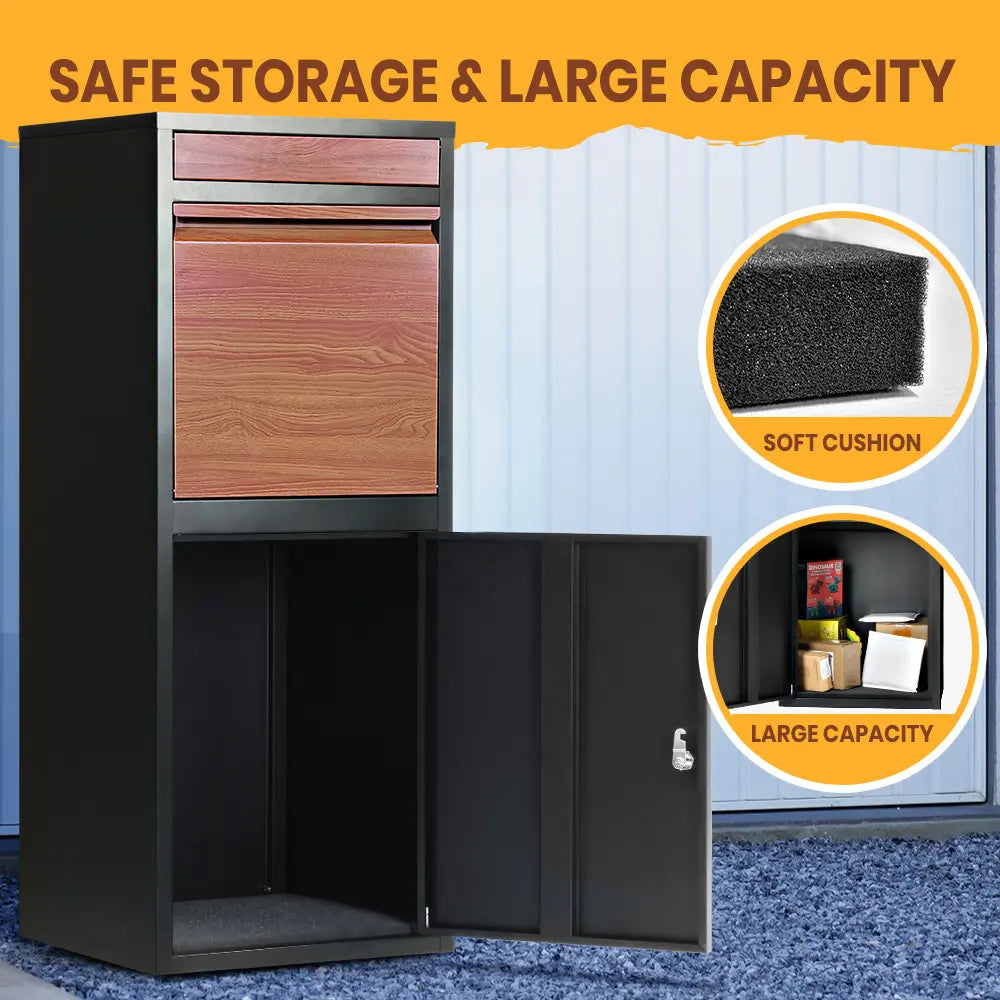 Erikslund parcel drop box featuring weatherproof wood grain exterior