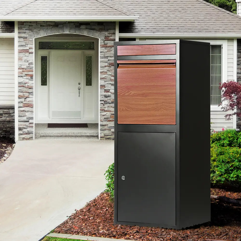 Secure Erikslund parcel drop box with elegant wood grain design