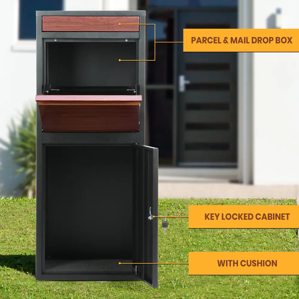 Erikslund parcel drop box with modern wood grain design and key lock
