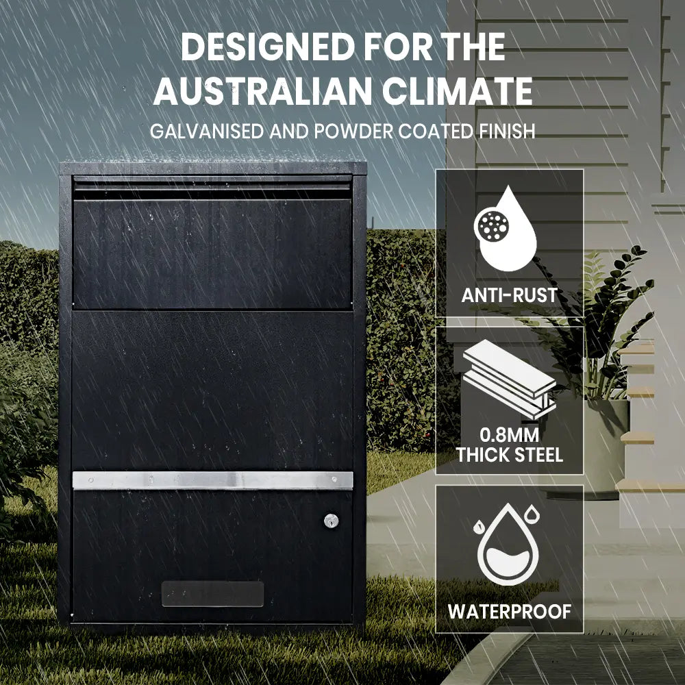 Weatherproof Dimma parcel box with wood-like exterior