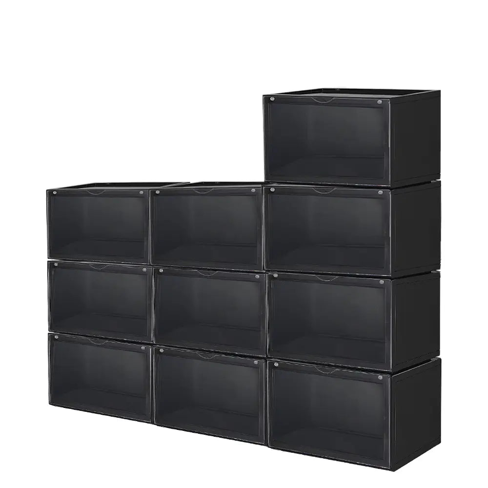 Peta Stackable Shoe Boxes arranged neatly on a shoe shelf