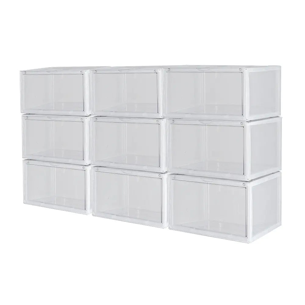 Peta Stackable Shoe Boxes holding boots, sneakers, and heels in a walk-in closet