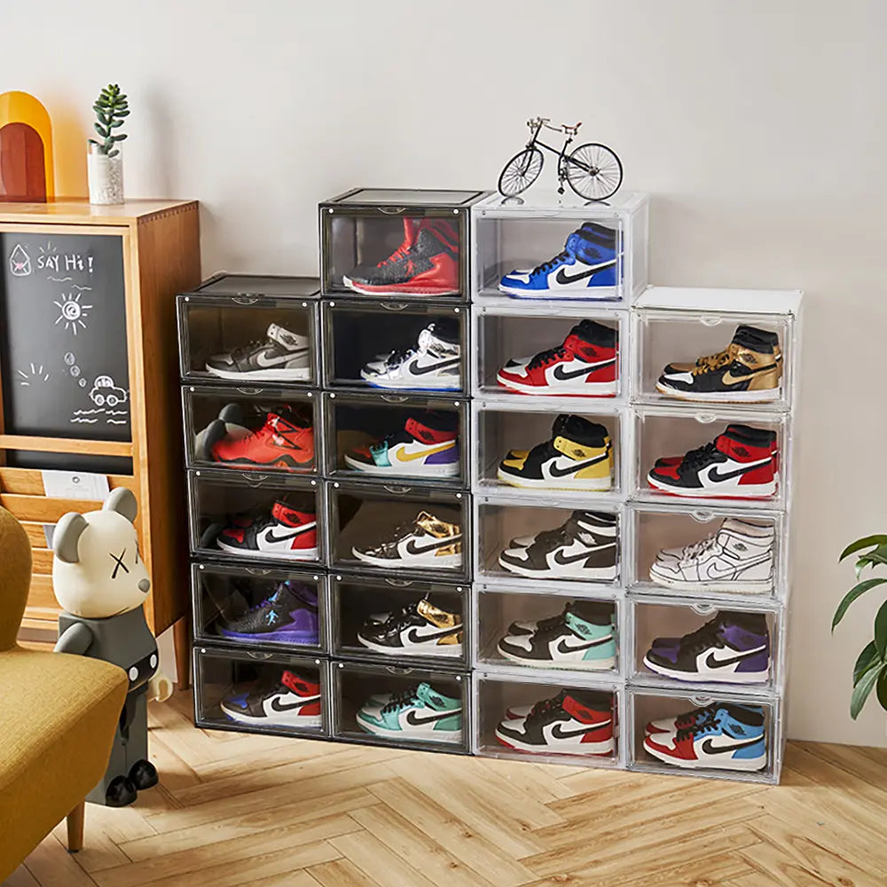 Peta Stackable Shoe Boxes neatly arranged in a closet
