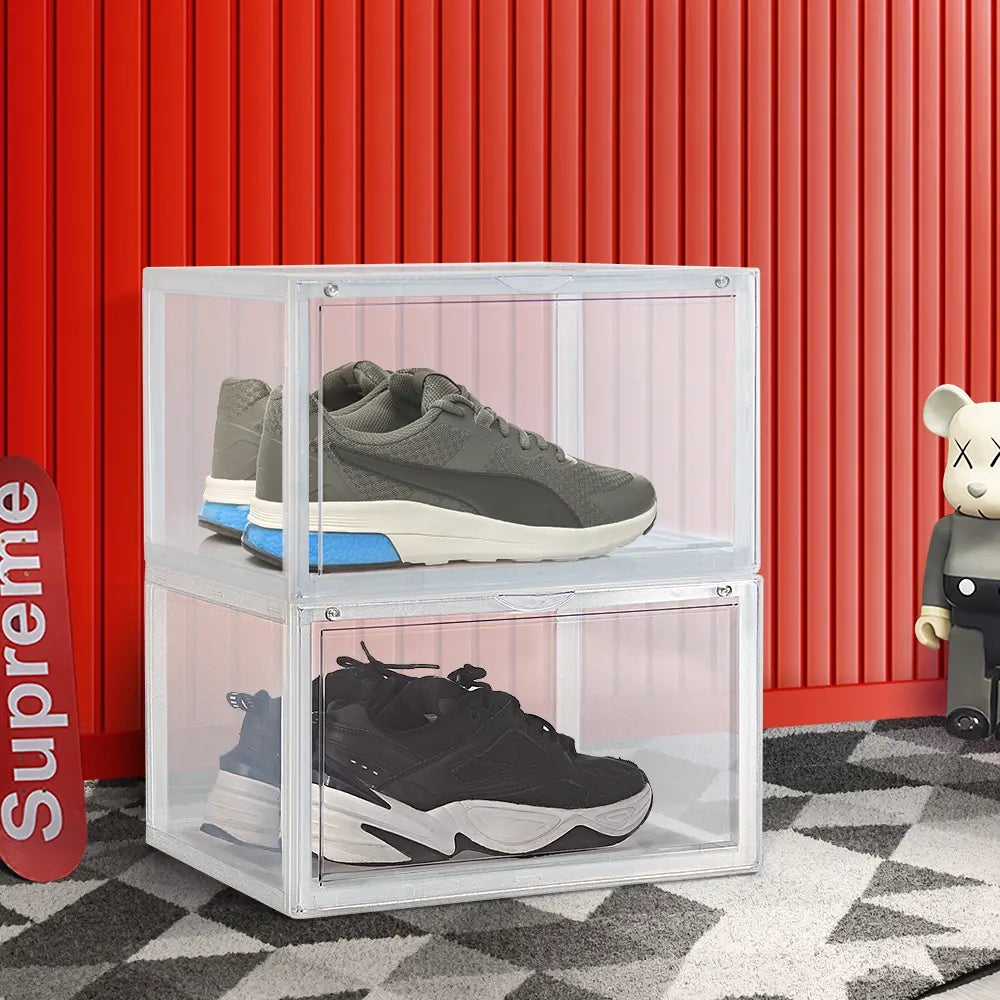 Side view of Peta Stackable Shoe Boxes stacked in a modern entryway