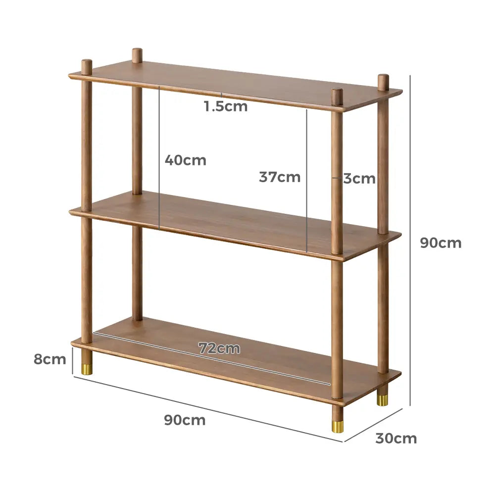 Side view of Esther bookshelves with brass feet and sleek design