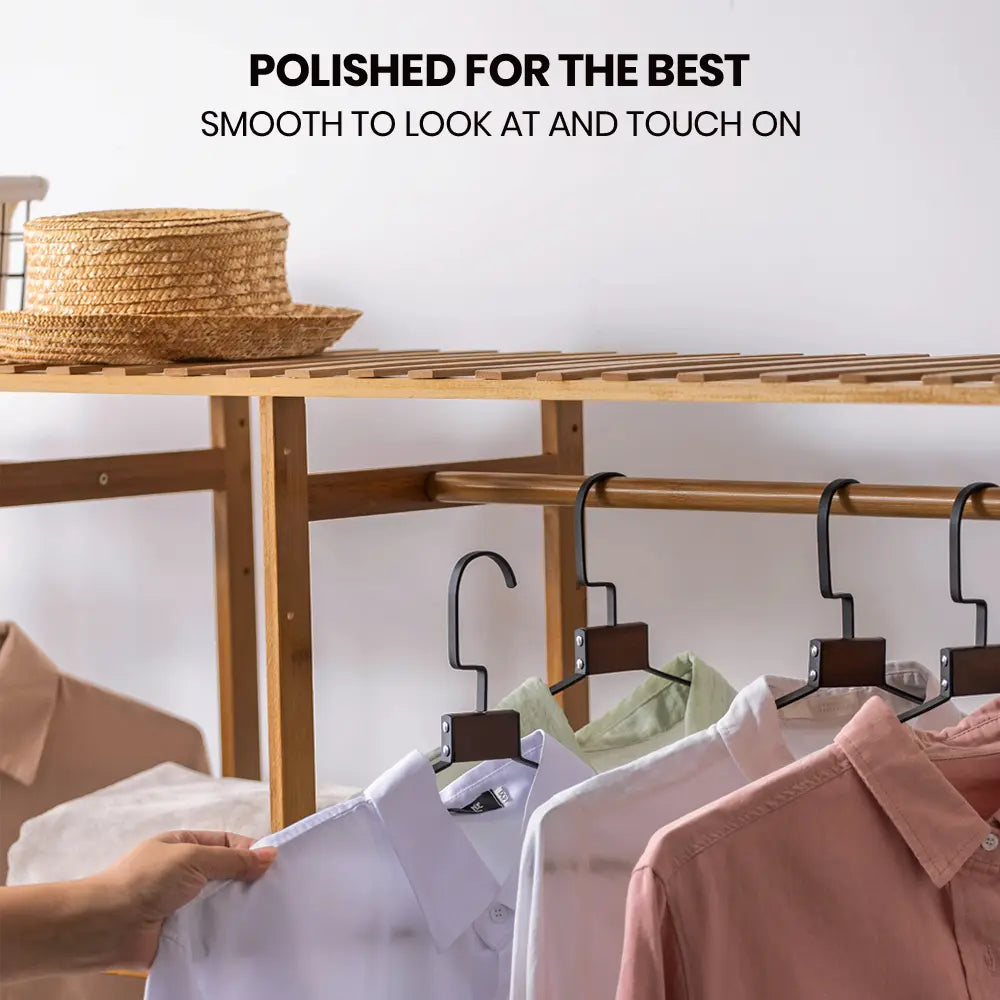 Durable wood frame of the Tessa Garment Rack with stylish dark oak finish
