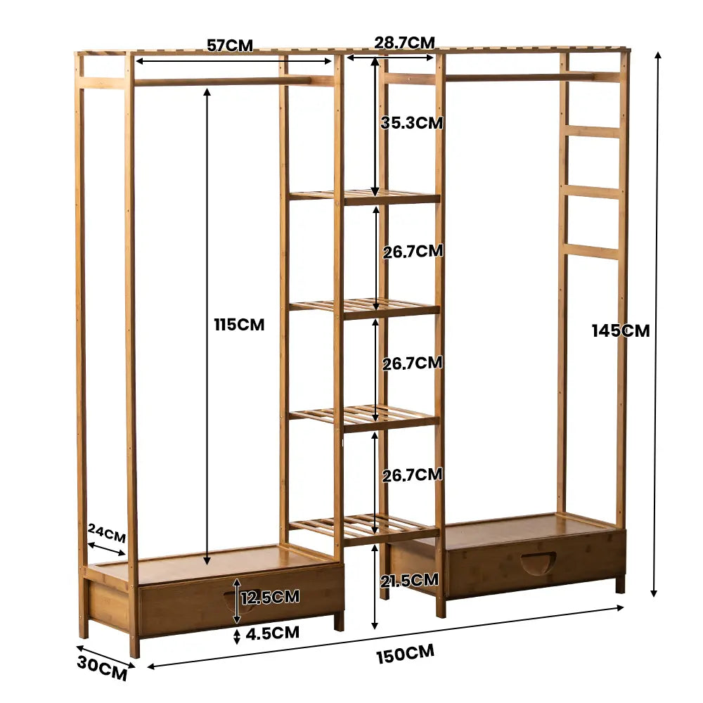 Full view of the Tessa Garment Rack with coats and accessories in a hallway height features