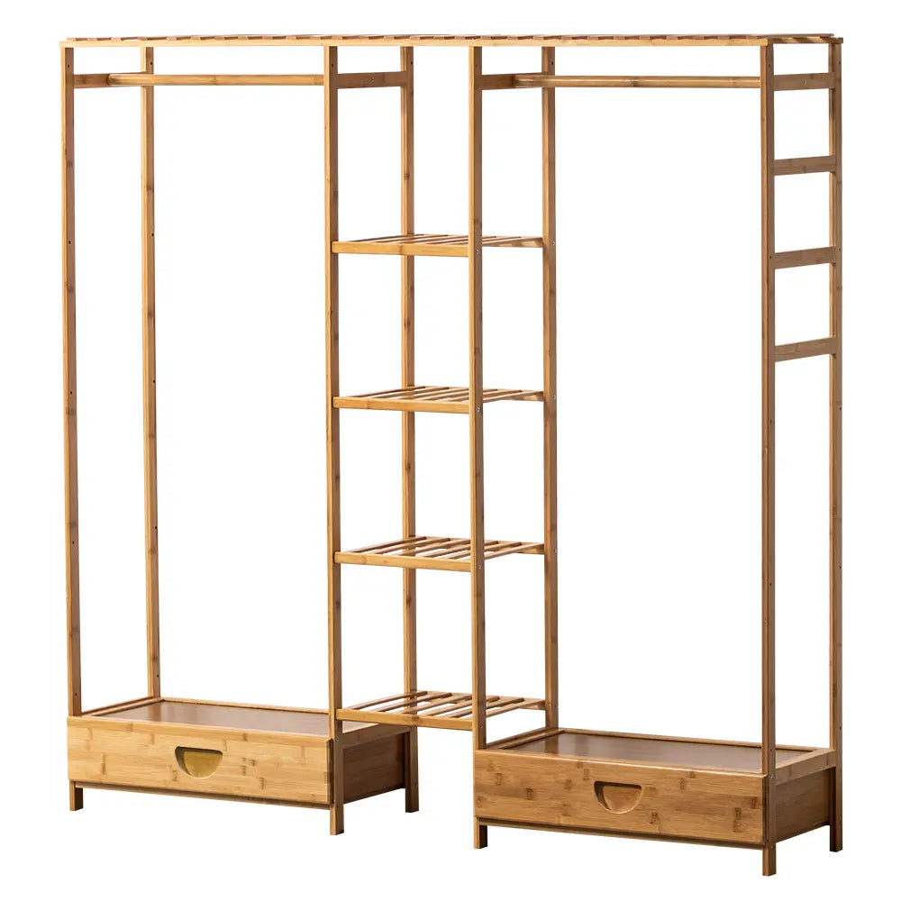 Tessa Wooden Garment Rack in Oak in a modern bedroom setting
