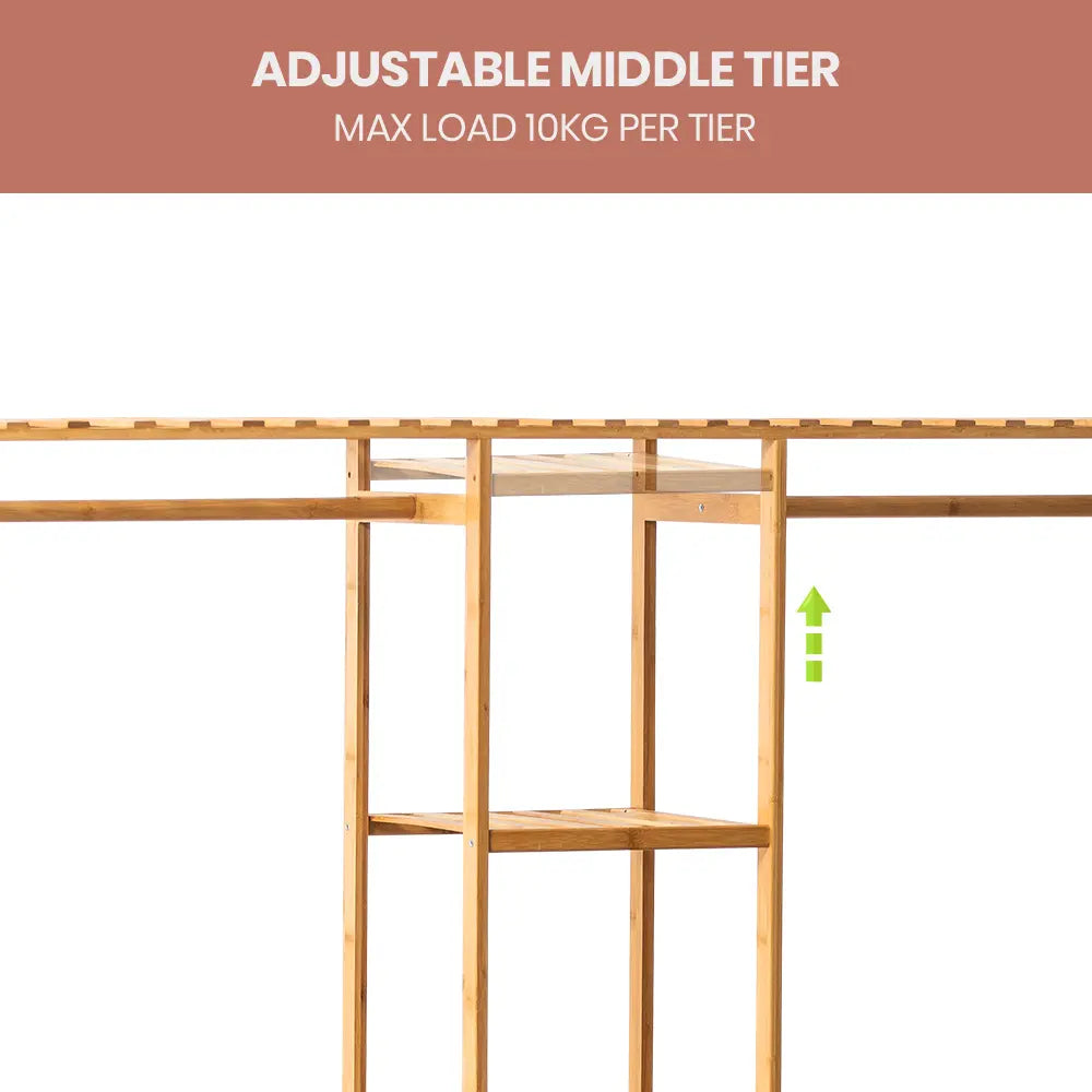 Sturdy wood construction of the Tessa Garment Rack with oak finish